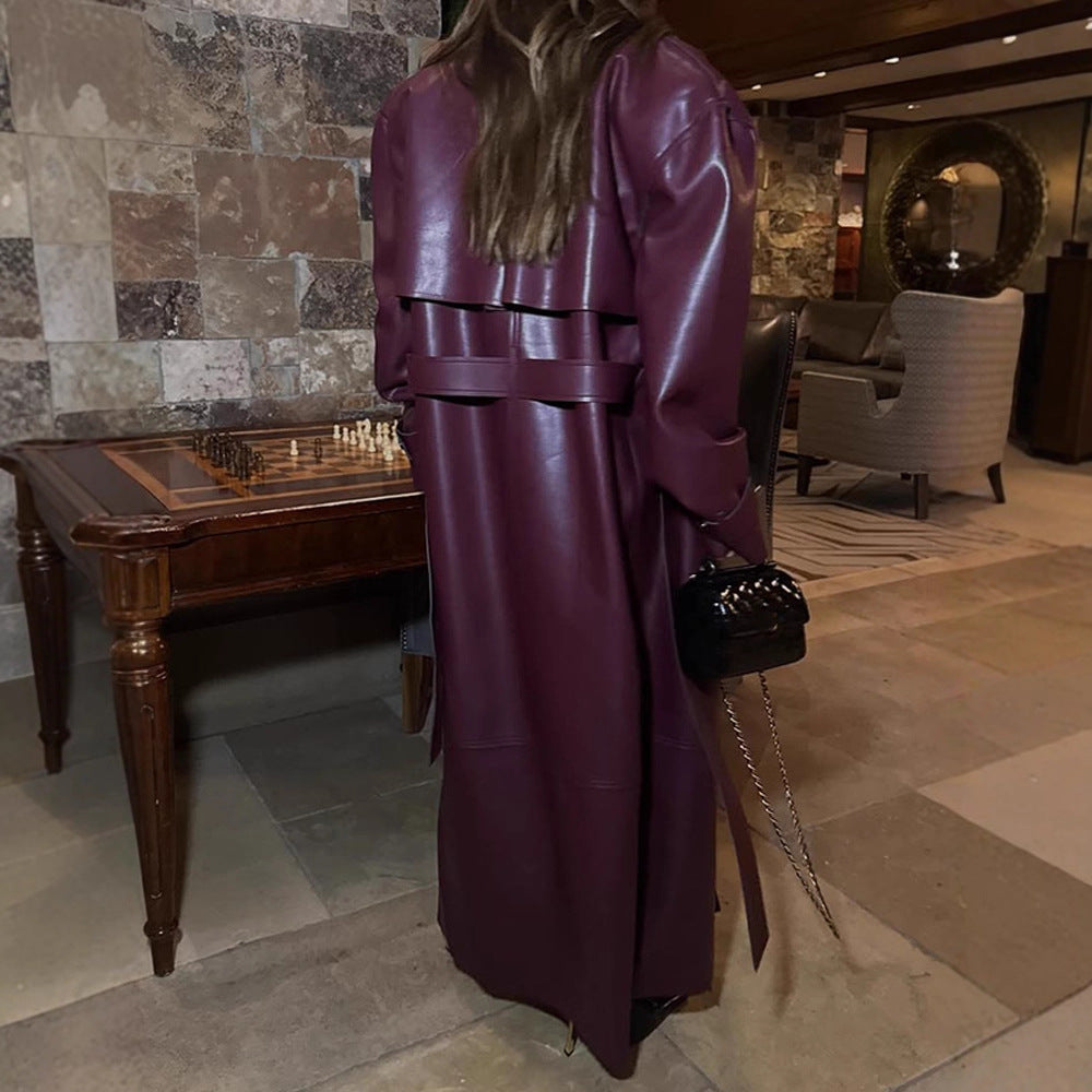 Elegant Faux Leather Jacket with Voluminous Sleeves and Waist Belt