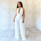 Elegant Deep-V Jumpsuit with Curved Back and Wide Legs