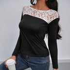 Women's Elegant Long-Sleeve Shirt with Floral Lace Details