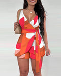 Women's Casual Wrap Jumpsuit with Pattern and Waist Belt