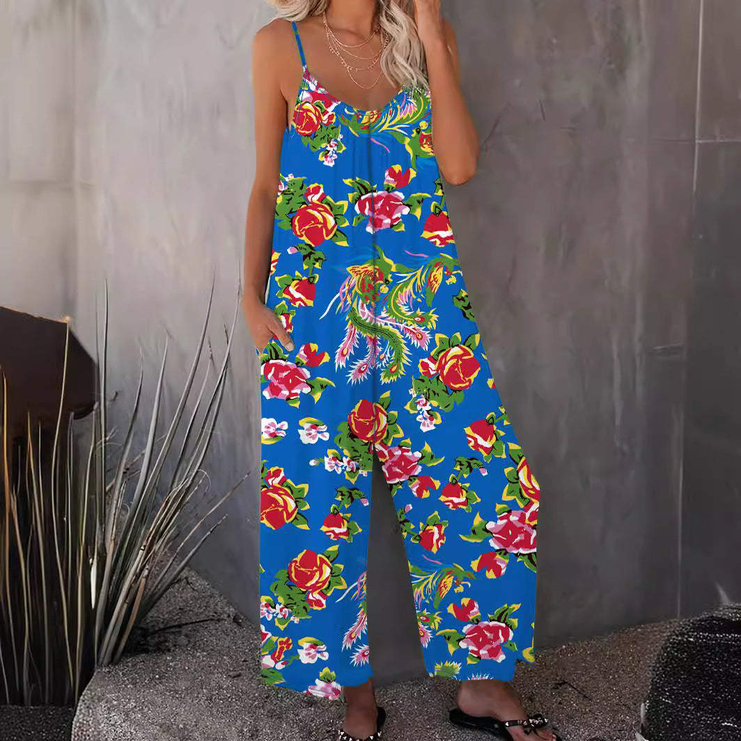 Women's Airy Jumpsuit with Floral Design and Adjustable Straps