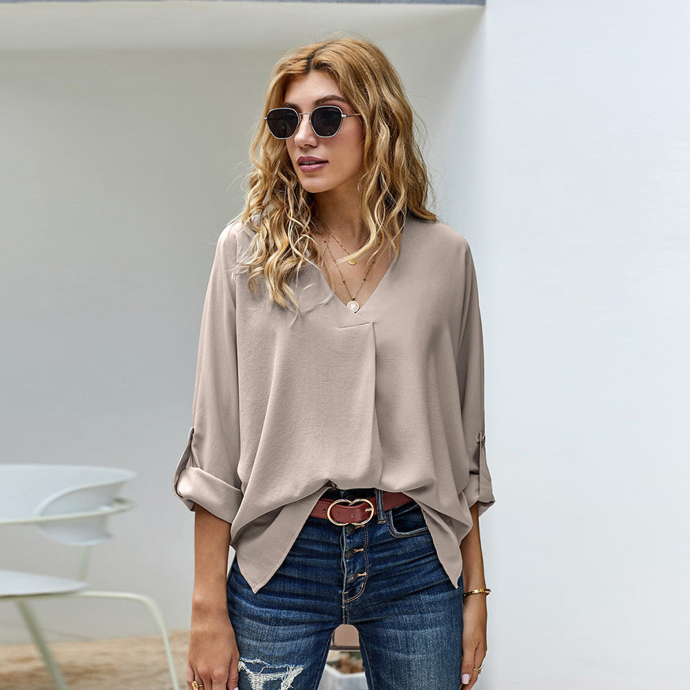Women's Blouse with V-Neck and Casual Long Sleeves