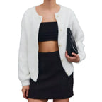 Women's Fuzzy Cardigan with Decorative Pearl Buttons