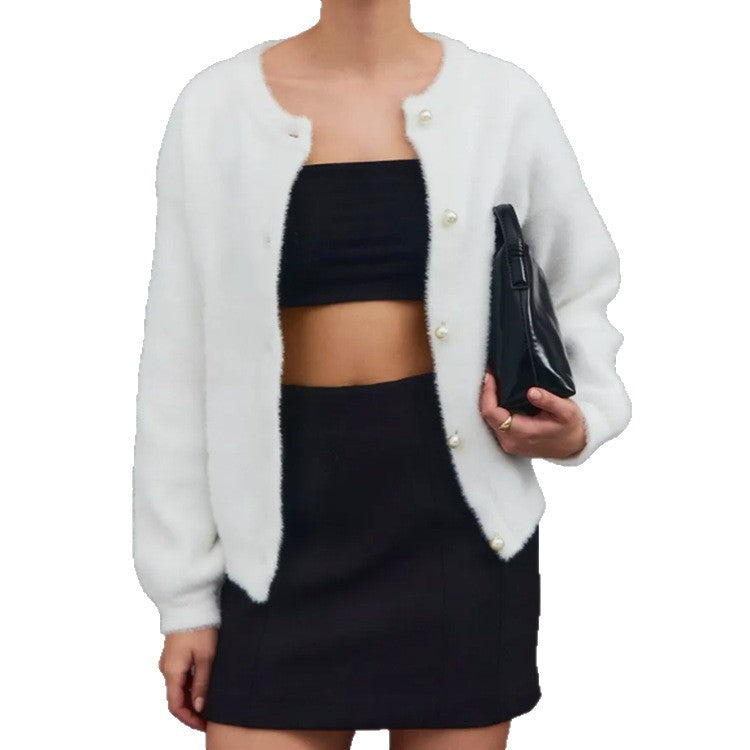 Women's Fuzzy Cardigan with Decorative Pearl Buttons