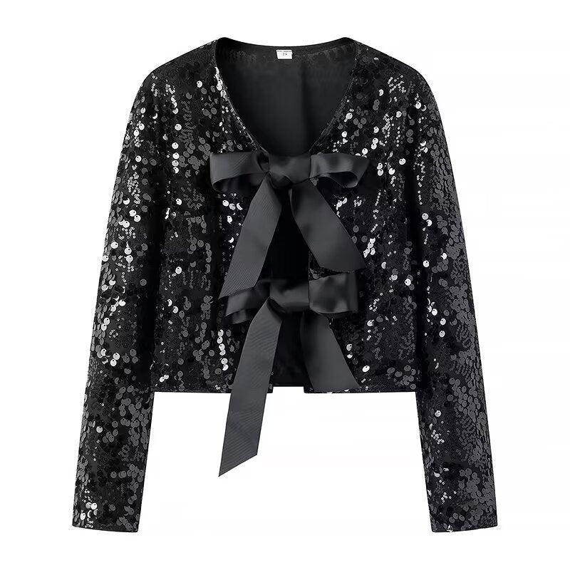 Women's Elegant Lurex Party Jacket with Ruffles and Bows