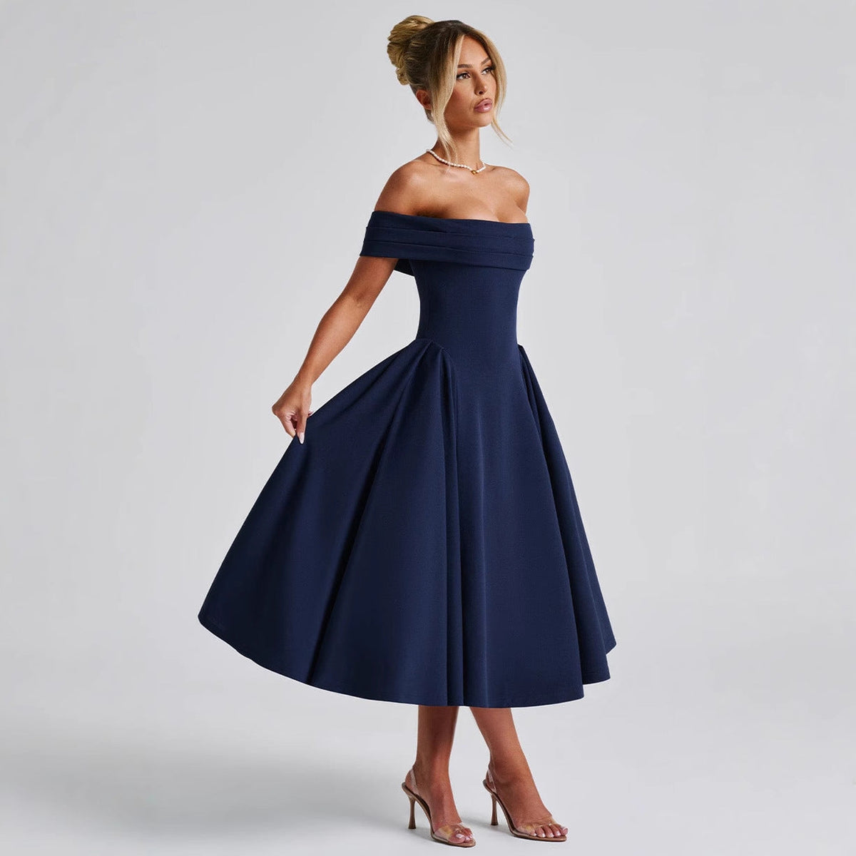 Women's Cocktail Dress with Off-Shoulder Design and Voluminous Skirt