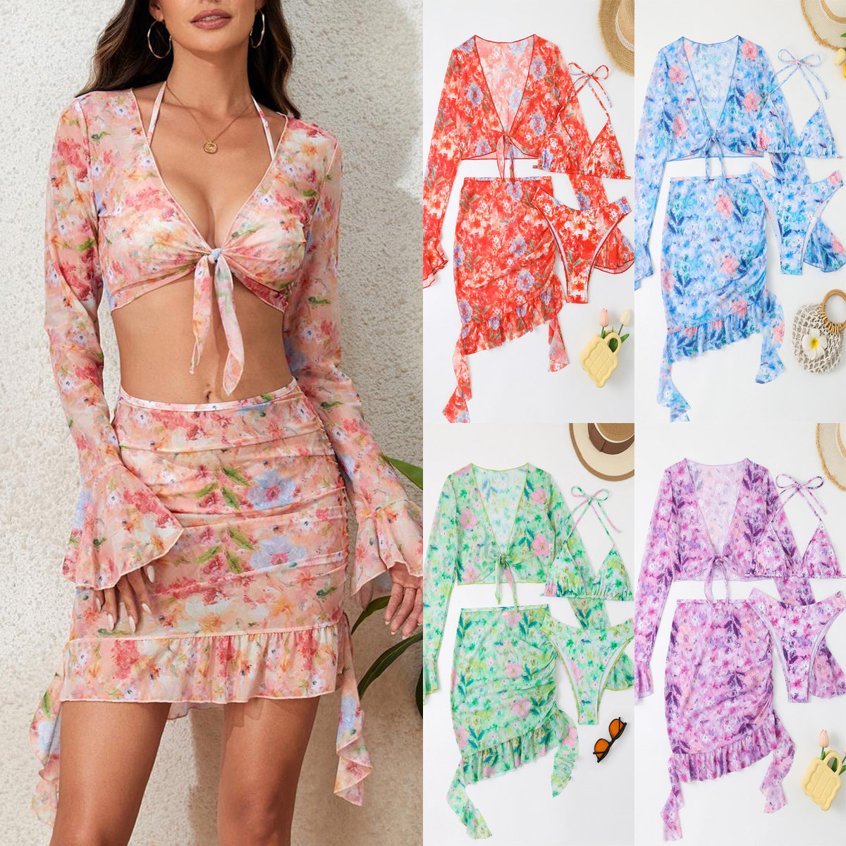 Women's Floral Swim Set with Crop Top and Wrap Skirt