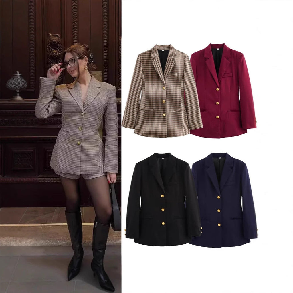 Women's Elegant Plaid Blazer with Gold Buttons