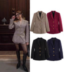 Women's Elegant Plaid Blazer with Gold Buttons