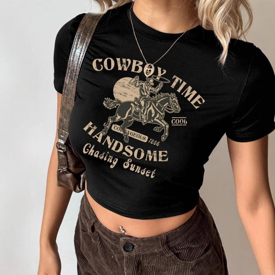 Women's Crop Shirt with Eye-Catching Cowboy Motif and Stylish Cut