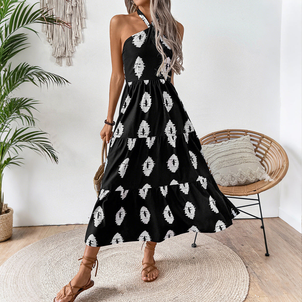 Women's Boho Maxi Dress with Asymmetrical Straps