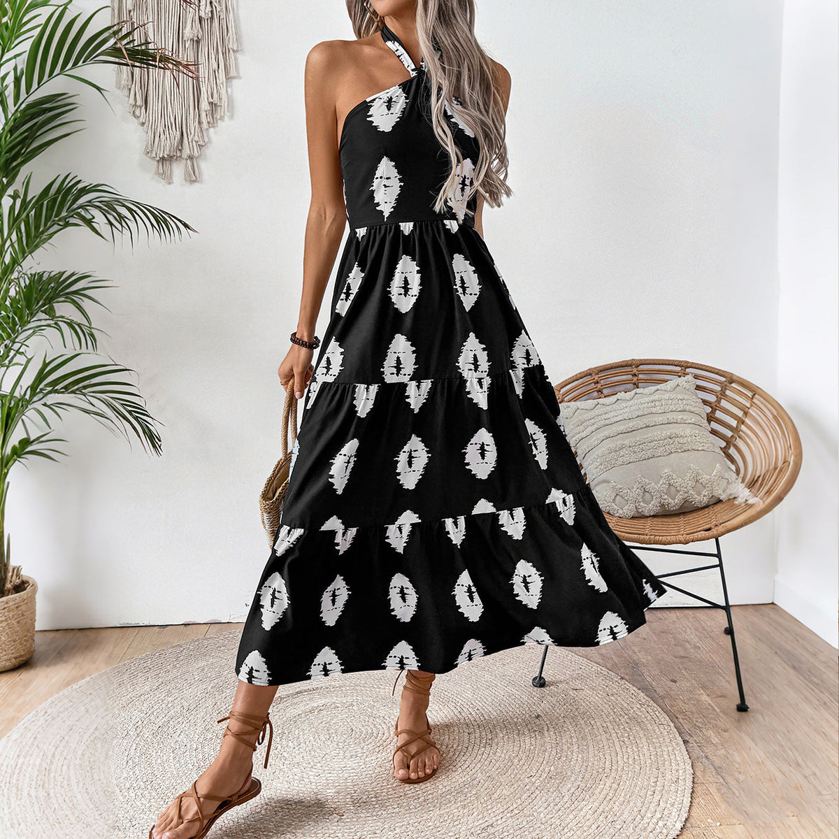 Women's Boho Maxi Dress with Asymmetrical Straps