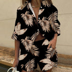 Women's Fashionable Two-Piece Set with Loose Blouse and Matching Shorts