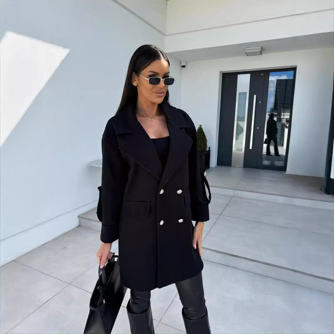 Elegant Oversized Blazer with Double Button Placket and Pockets