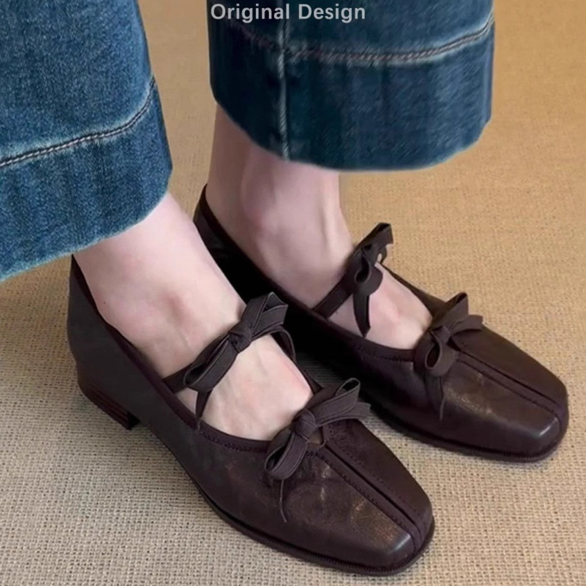 Women's Ballet Flats with Bow Detail and Leather Upper