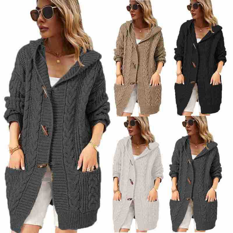 Women's Chunky Knit Coat with Hood and Pockets