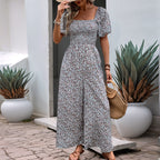 Women's Colorful Floral Summer Jumpsuit with Puff Sleeves
