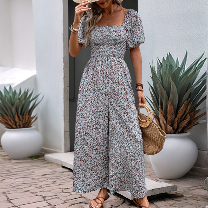 Women's Colorful Floral Summer Jumpsuit with Puff Sleeves