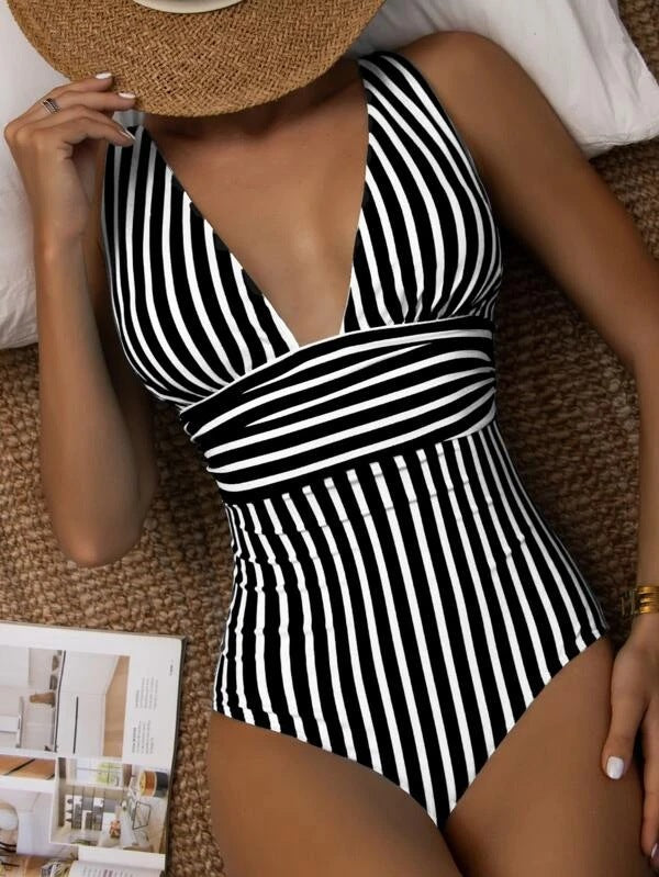 Women's Deep V-Neck Striped Swimsuit