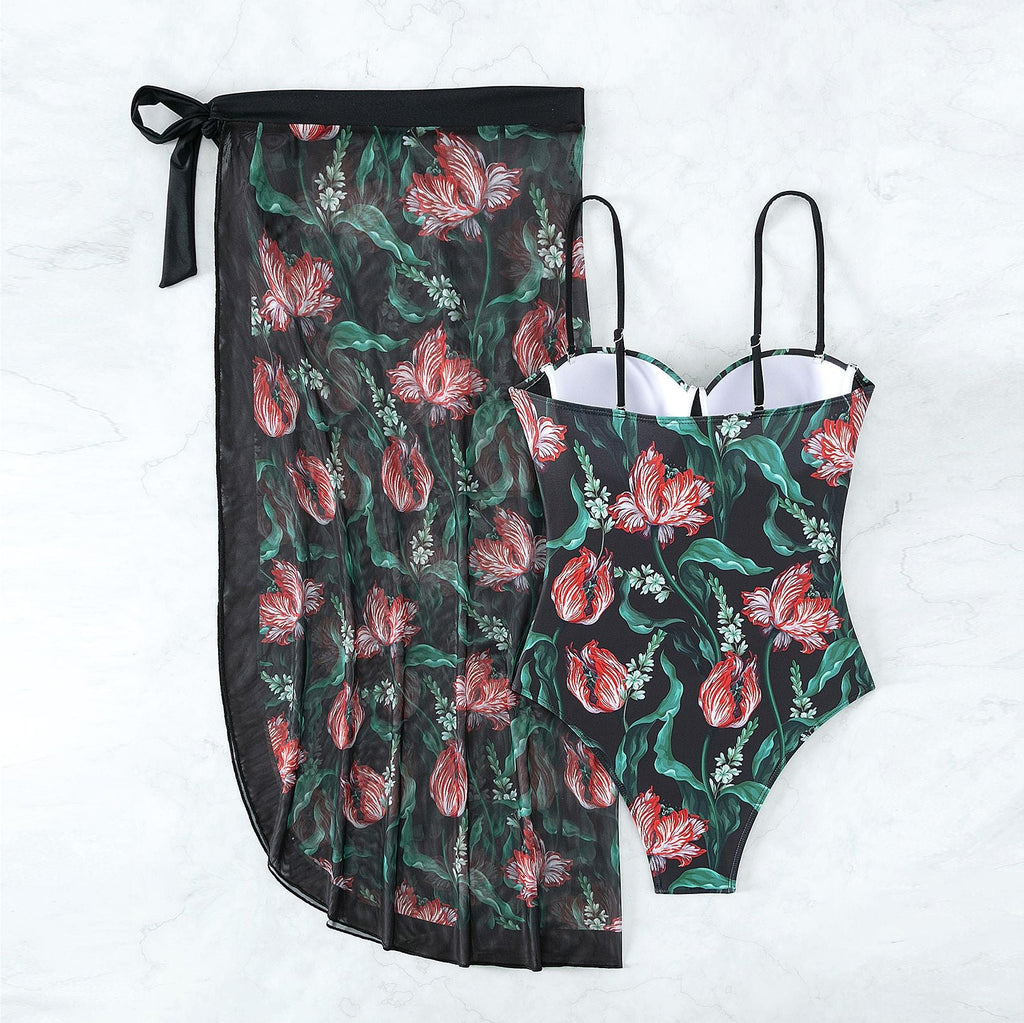 Women's Swimwear with Floral Print and Sheer Sarong Cover-Up