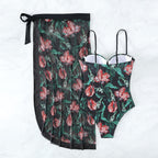 Women's Swimwear with Floral Print and Sheer Sarong Cover-Up