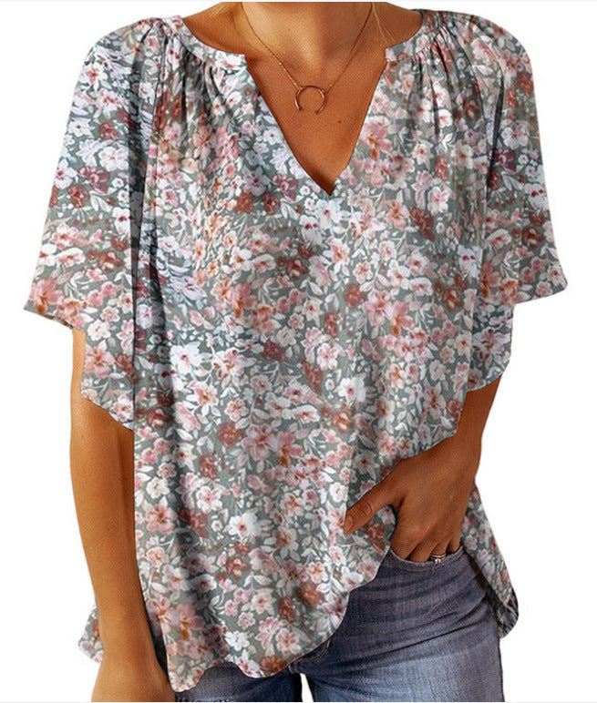 Women's Floral Blouse with V-Neck