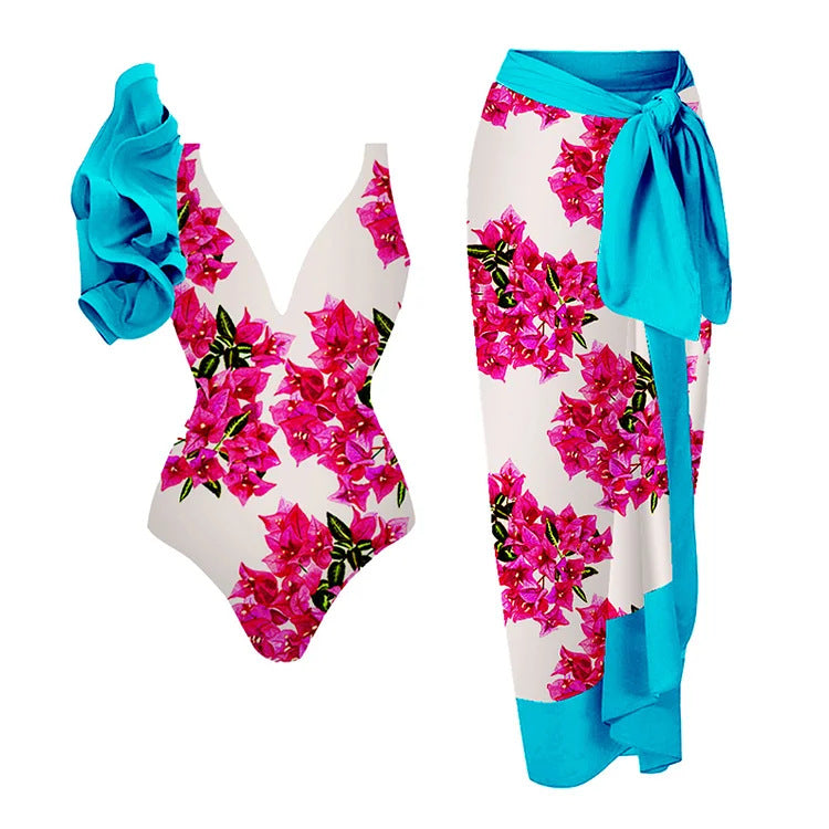 Women's Swimsuit with Voluminous Ruffle Detail and Matching Skirt