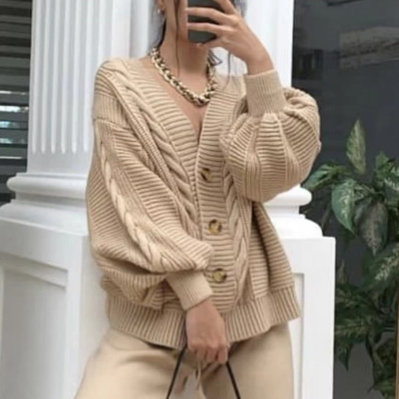 Women's Chunky Knit Cardigan with V-Neck and Button Details