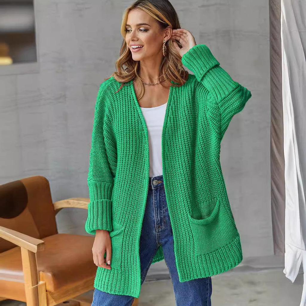 Women's Large Knit Cardigan with Ribbed Design and Pockets