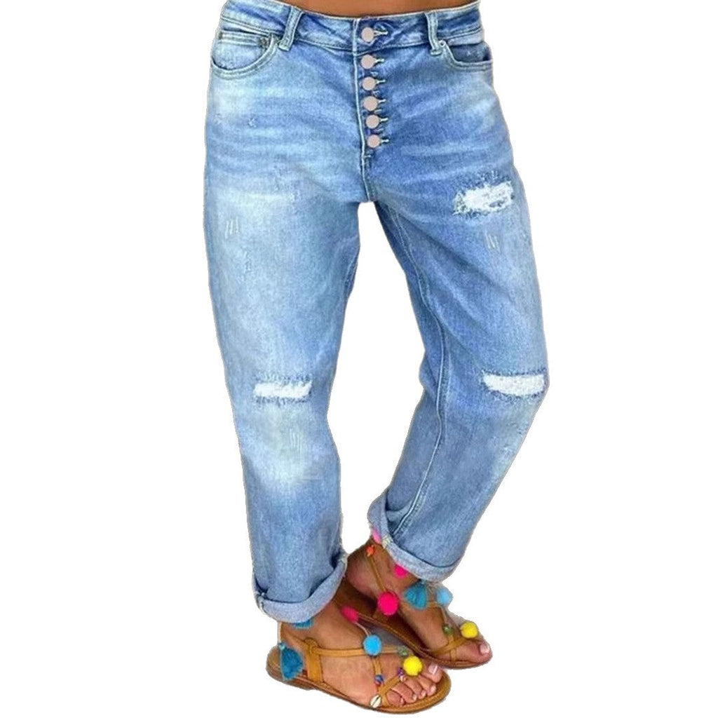 Women's Denim Pleated Trousers with Button Placket and Destroyed Effect