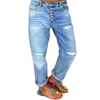 Women's Denim Pleated Trousers with Button Placket and Destroyed Effect