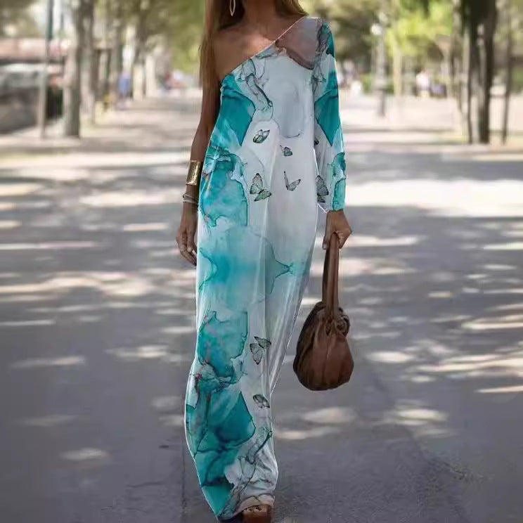 Women's Asymmetrical Maxi Dress with Colorful Art Print