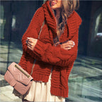 Women's Chunky Knit Cardigan with Plaid Pattern and Oversized Cut