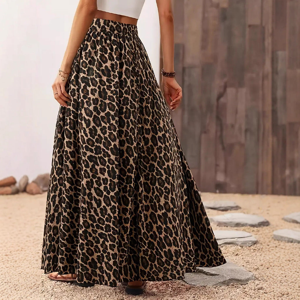 Women's Maxi Skirt with Leopard Print and Elastic Waistband