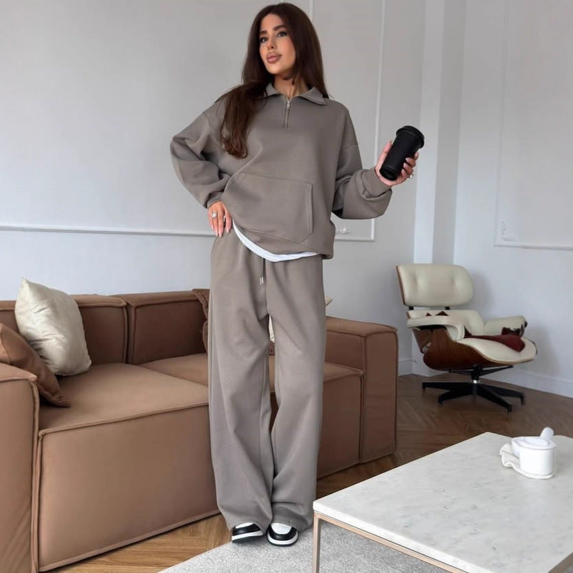 Women's Half-Zip Lounge Set with Hoodie and Wide-Leg Pants