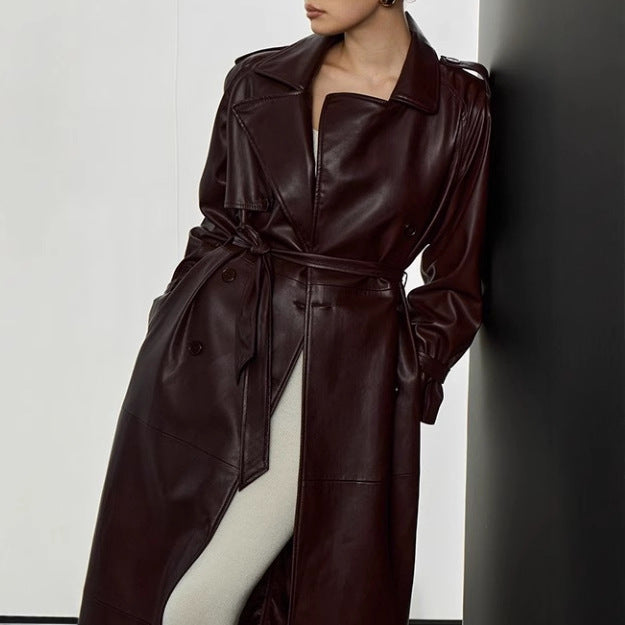 Women's Elegant Faux Leather Trench Coat with Belt and Pockets