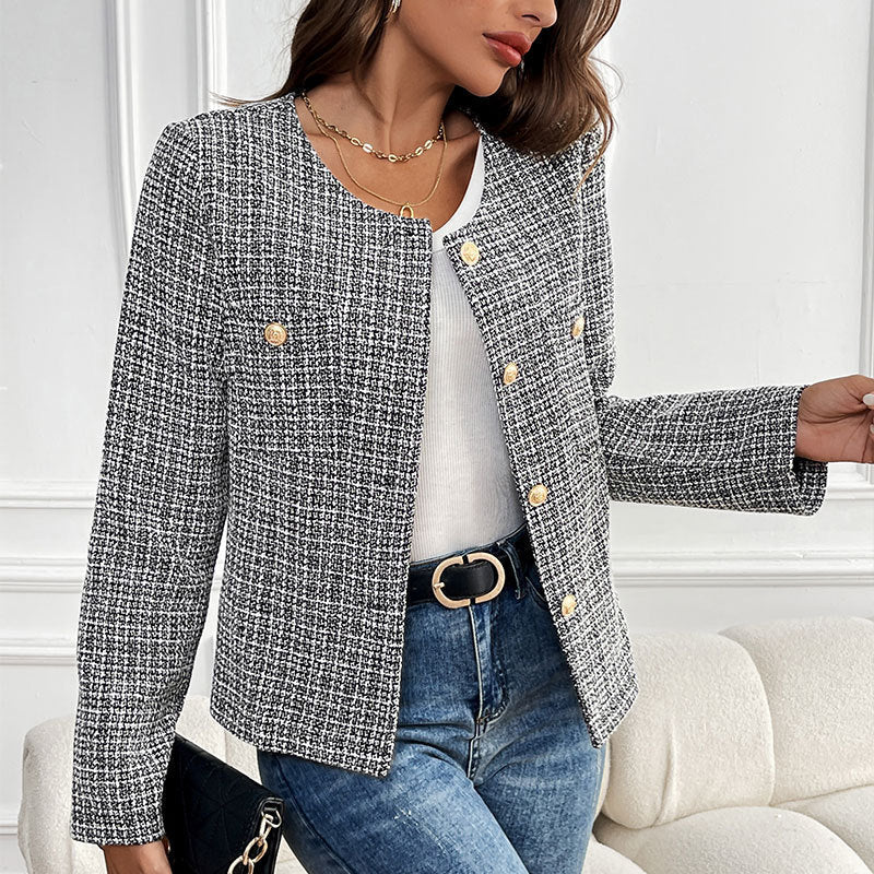 Elegant Women's Tweed Jacket with Double-Breasted Button Placket and Textured Fabric