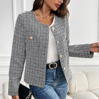 Elegant Women's Tweed Jacket with Double-Breasted Button Placket and Textured Fabric