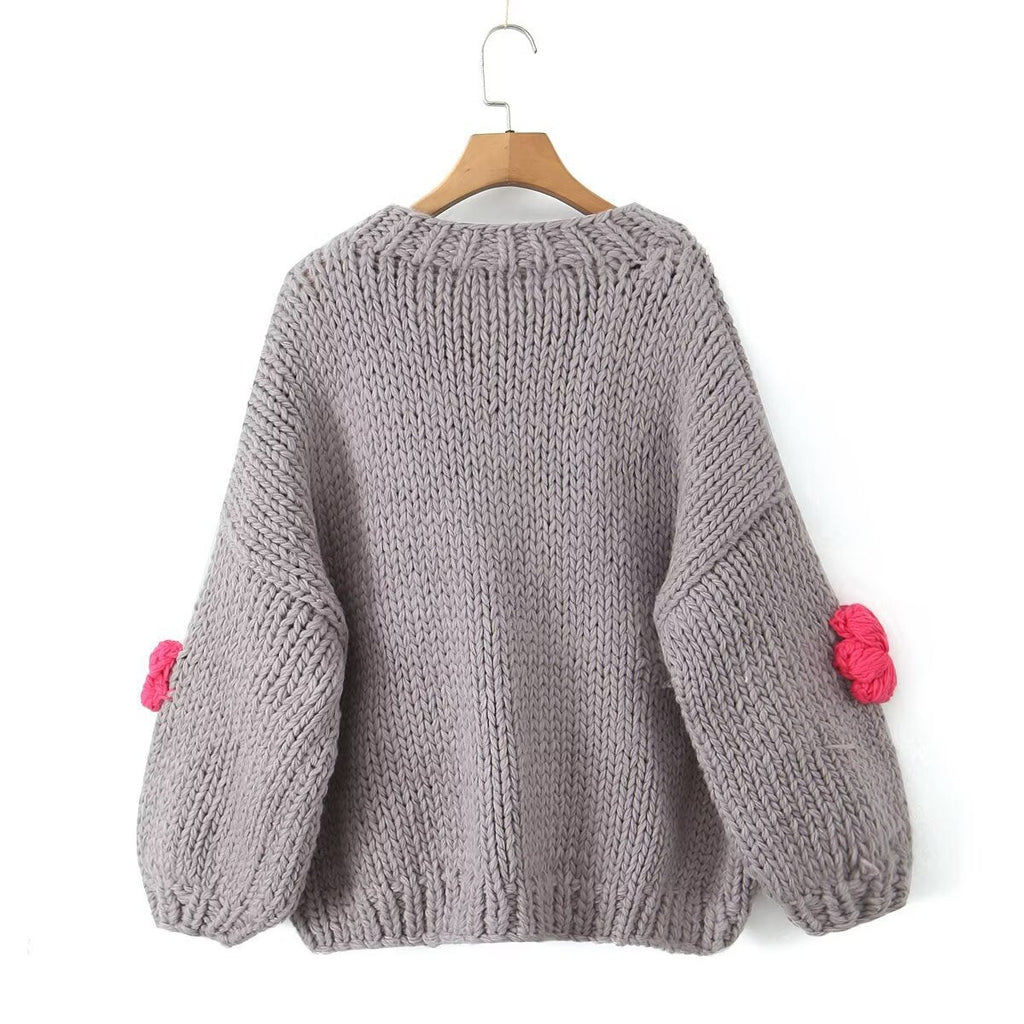 Women's Polka Dot Knit Sweater with Voluminous Sleeves and Floral Design