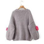 Women's Polka Dot Knit Sweater with Voluminous Sleeves and Floral Design