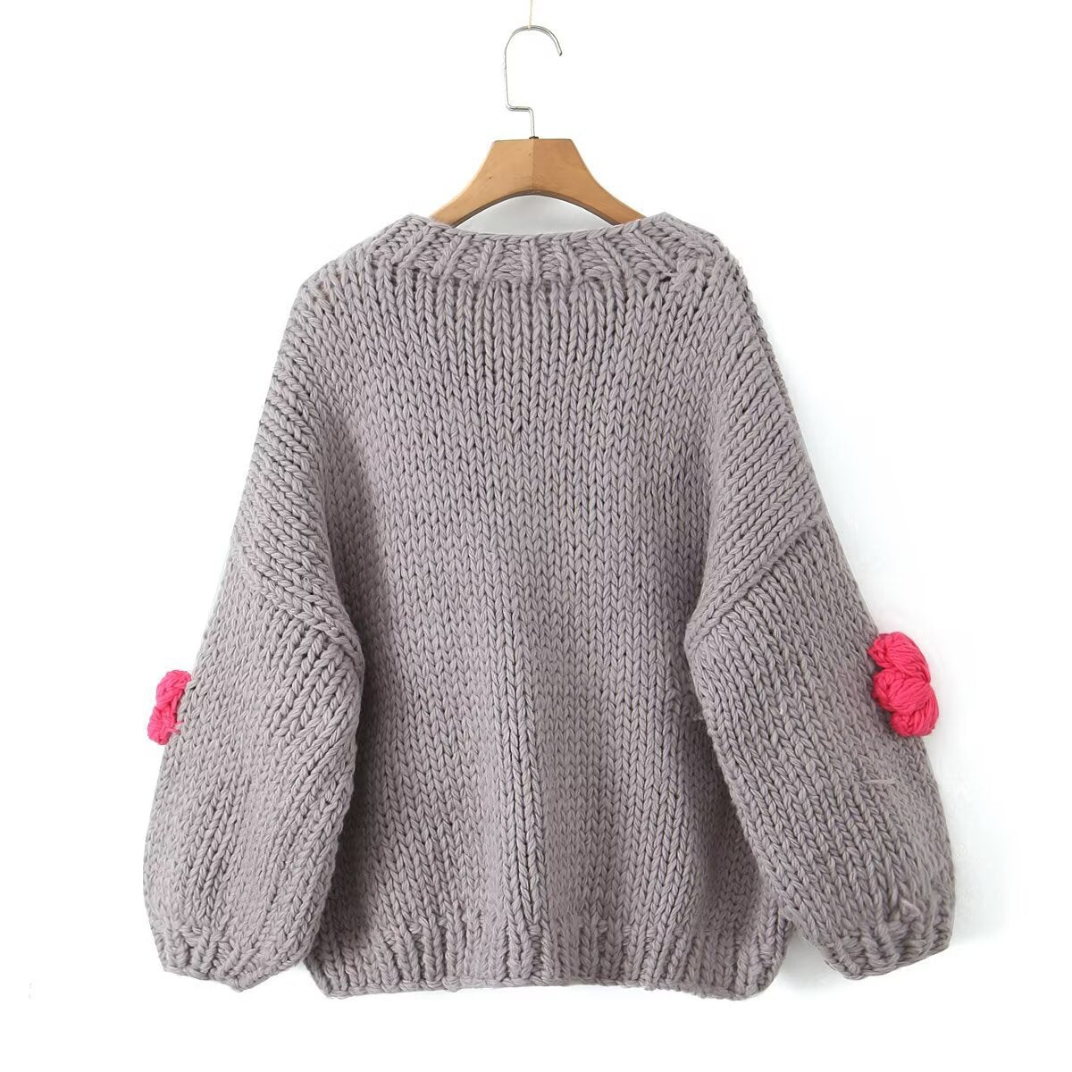 Women's Polka Dot Knit Sweater with Voluminous Sleeves and Floral Design