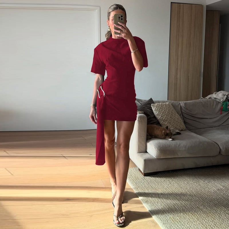 Women's Asymmetrical Mini Dress with Elegant Slit and Refined Details