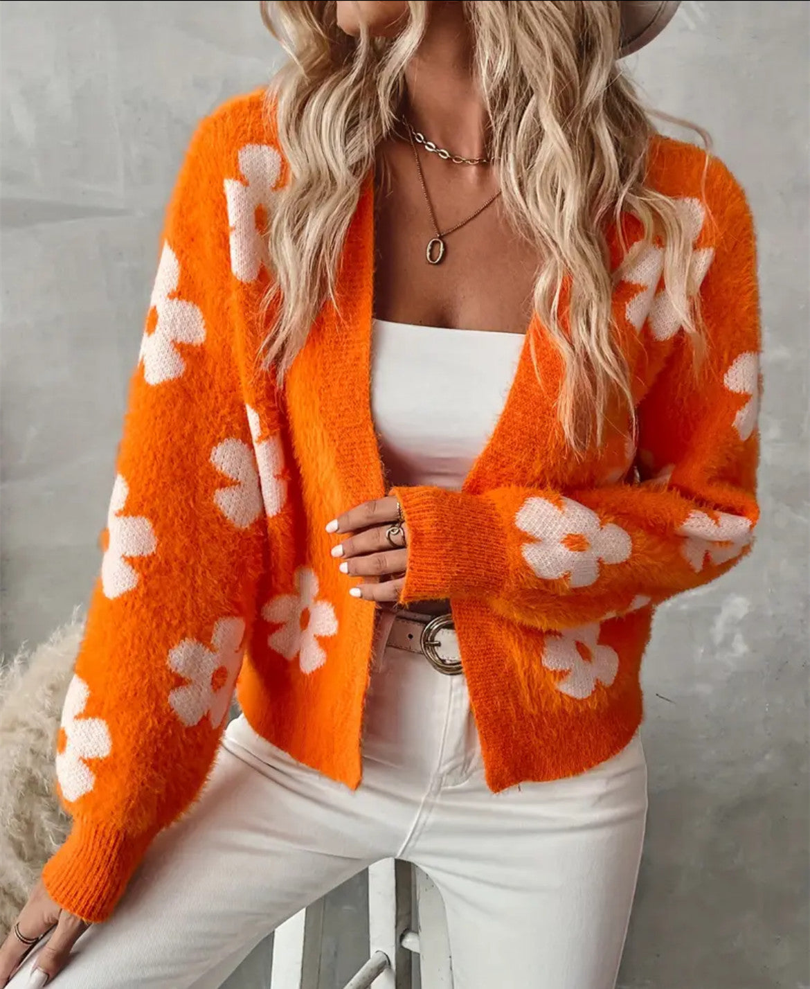 Women's Fluffy Cardigan with Floral Pattern
