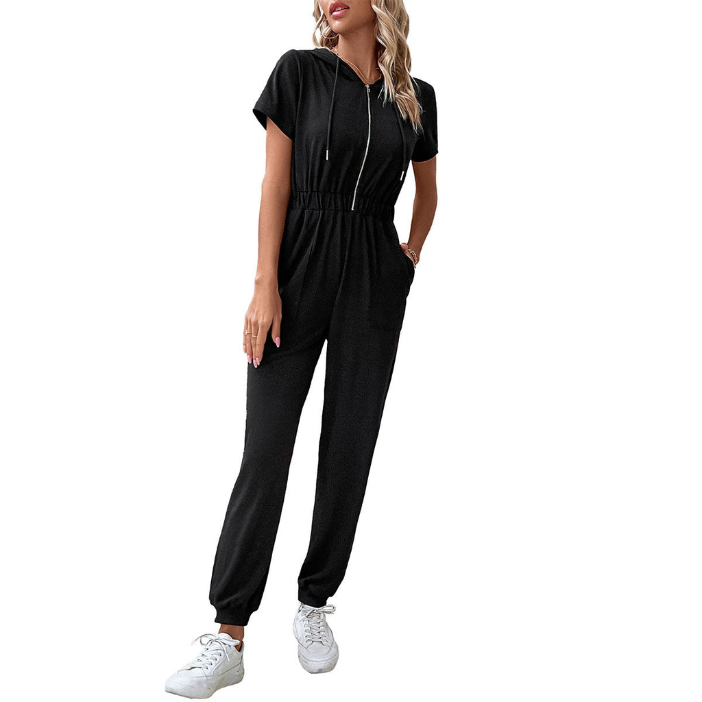 Women's Hooded Jumpsuit with Practical Zipper and Elastic Waist