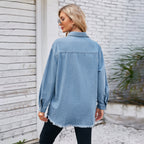 Women's Denim Overshirt with Frayed Hem and Patch Pockets