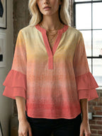 Women's Blouse Shirt with Voluminous Sleeves and Creative Print Design