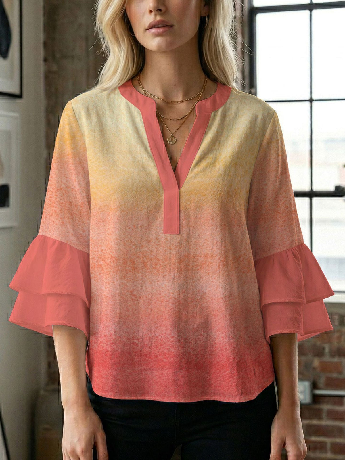 Women's Blouse Shirt with Voluminous Sleeves and Creative Print Design