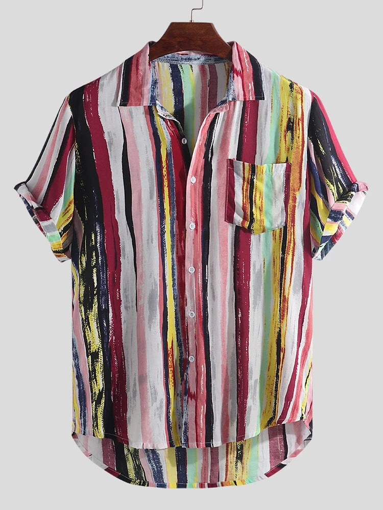 Women's Short-Sleeve Shirt with Modern Striped Pattern and Chest Pocket