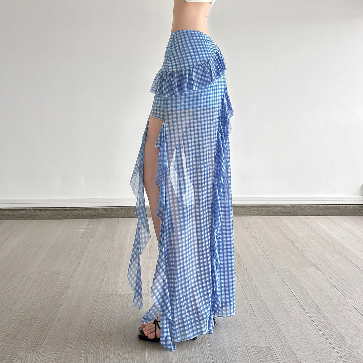 Women's Maxi Skirt with Ruffle Details and Gingham Pattern
