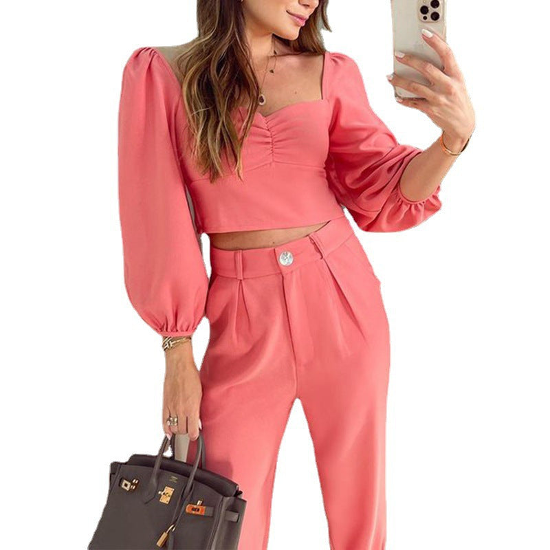 Elegant Women's Cropped Top and High-Waisted Trousers Set